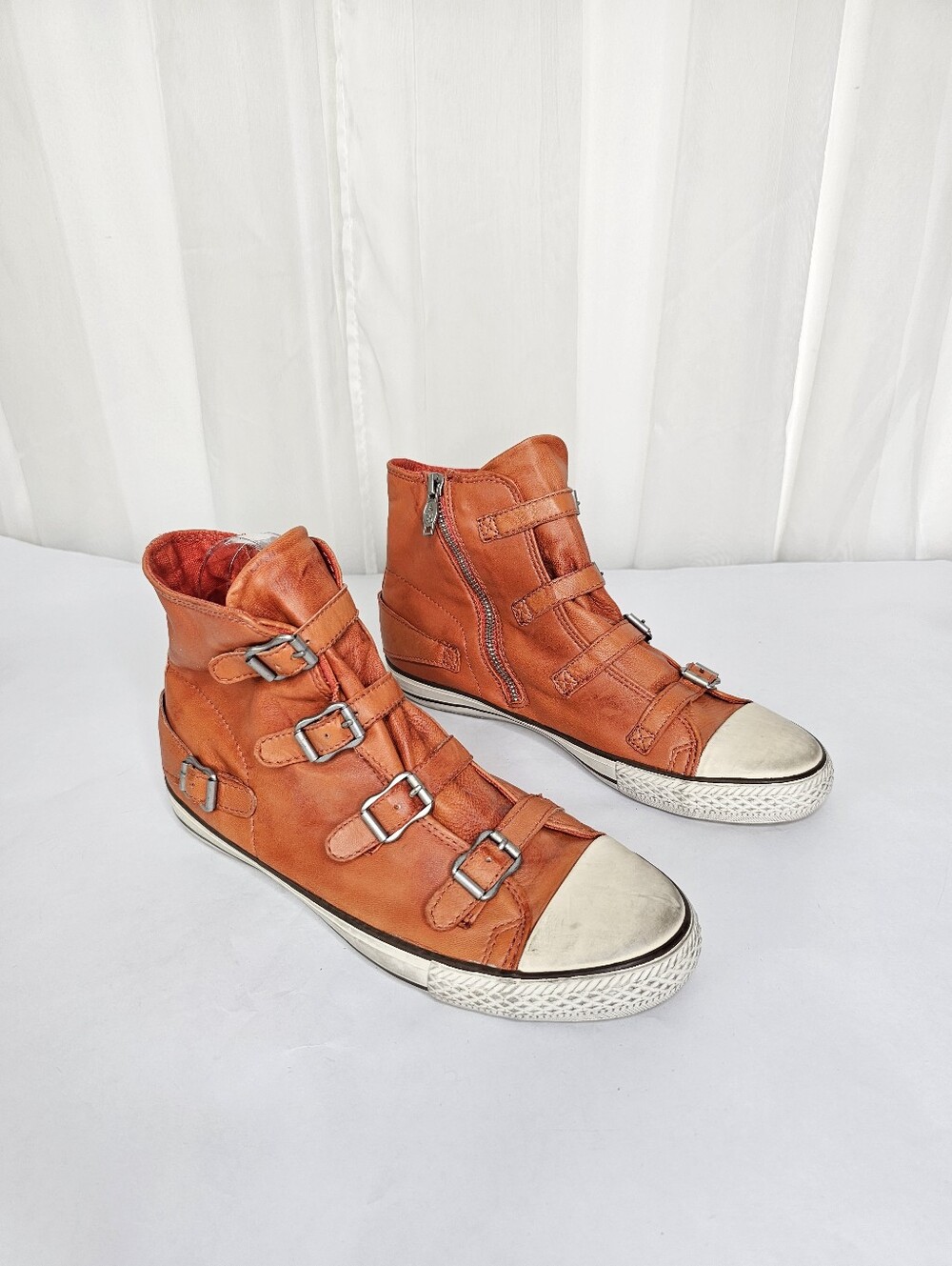 ASH Virgin Orange Leather Buckle High Top Sneakers W40